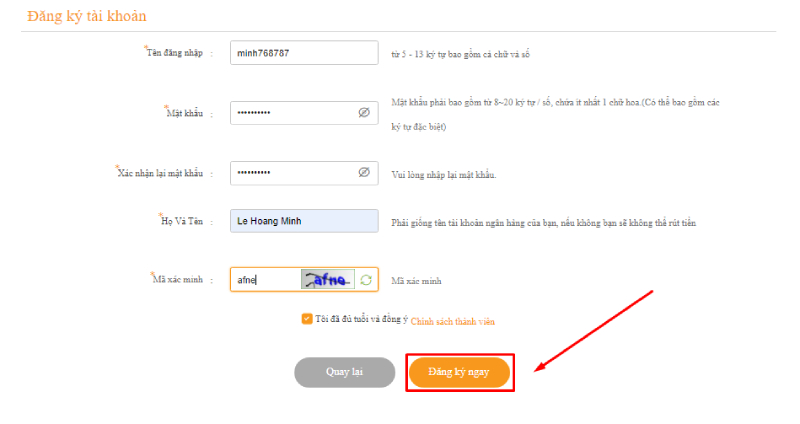 Nhấn Đăng ký để hoàn tất việc tạo tài khoản